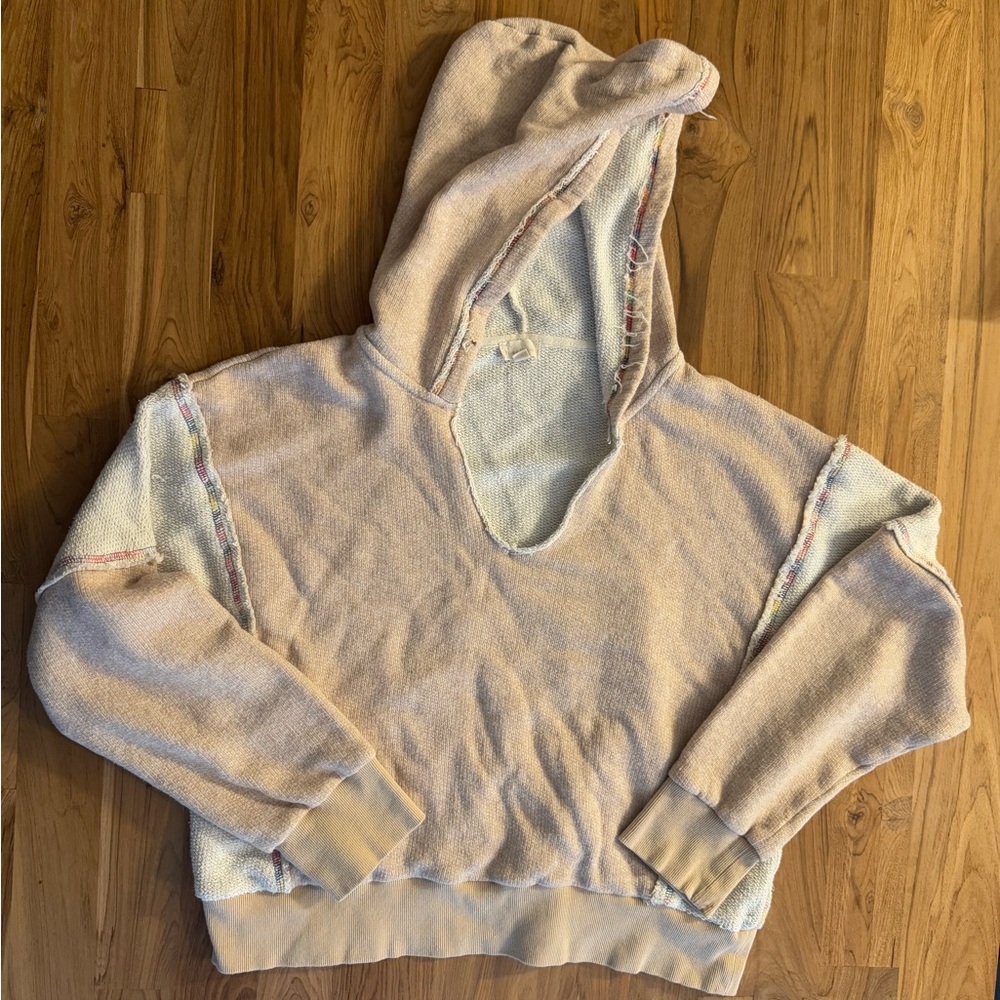 Boho Hoodie Women’s Large Cropped Tan with Rainbow Thread Detail Hem & Thread